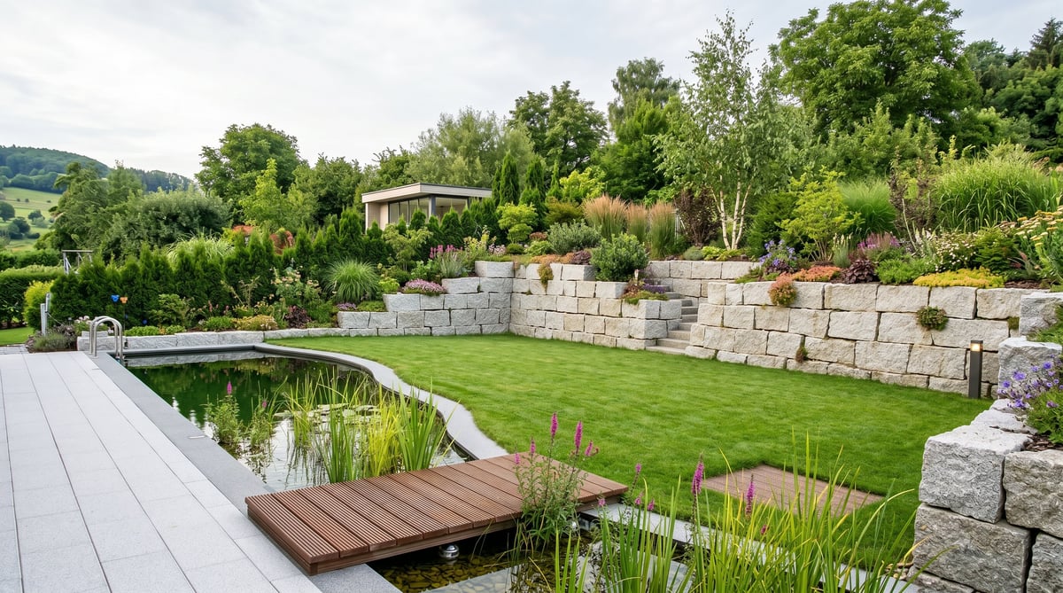 Modern garden with wooden deck overlooking natural pond, stone walls, manicured lawn, and surrounding greenery with trees and plants