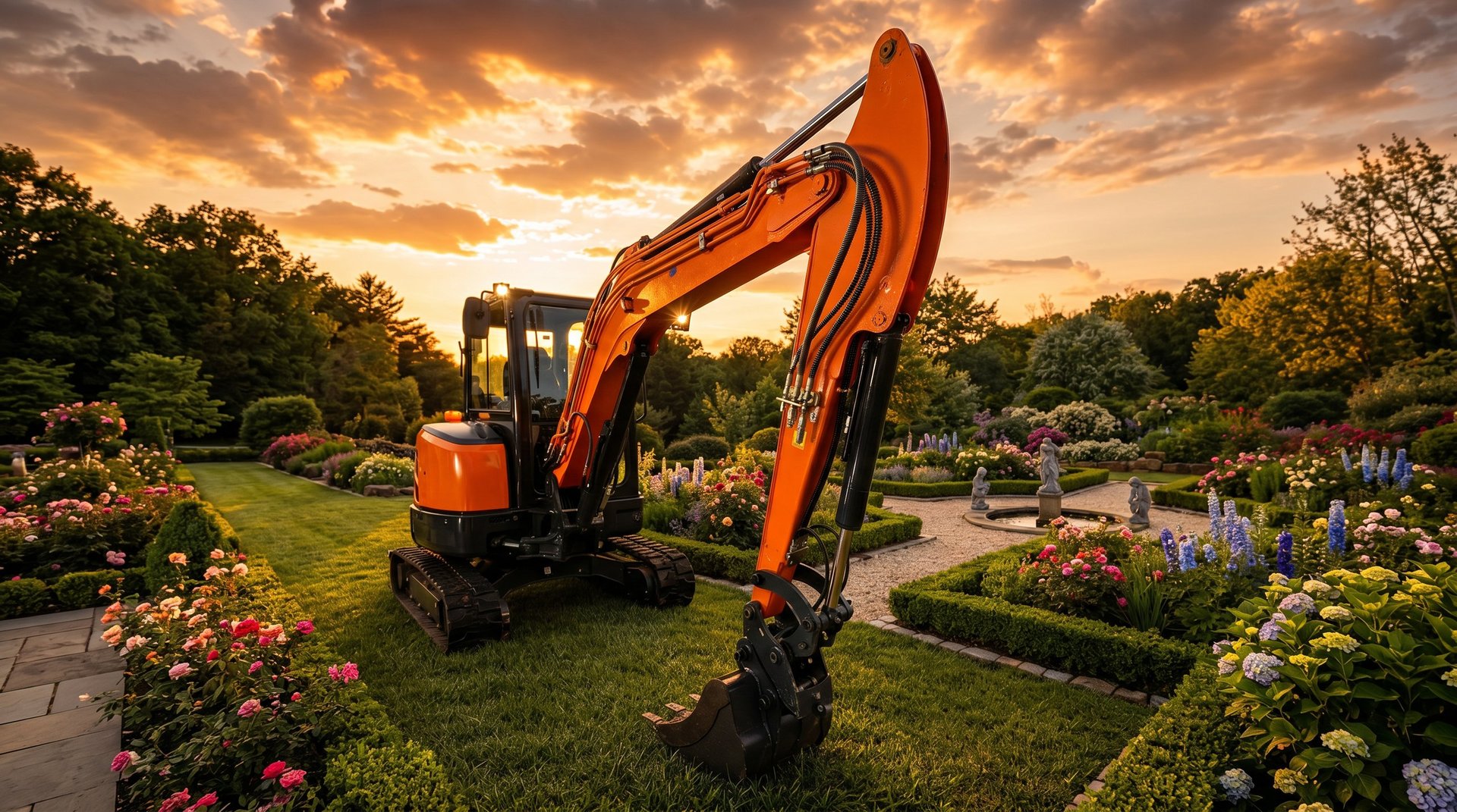 Orange excavator in a flower garden at sunset with dramatic golden sky and blooming flowers