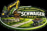 Schwaiger Crew landscaping logo featuring yellow excavator, stone pathway, and garden design on green background