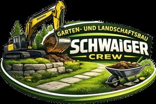 Schwaiger Crew landscaping logo featuring yellow excavator, stone pathway, and garden design on green background