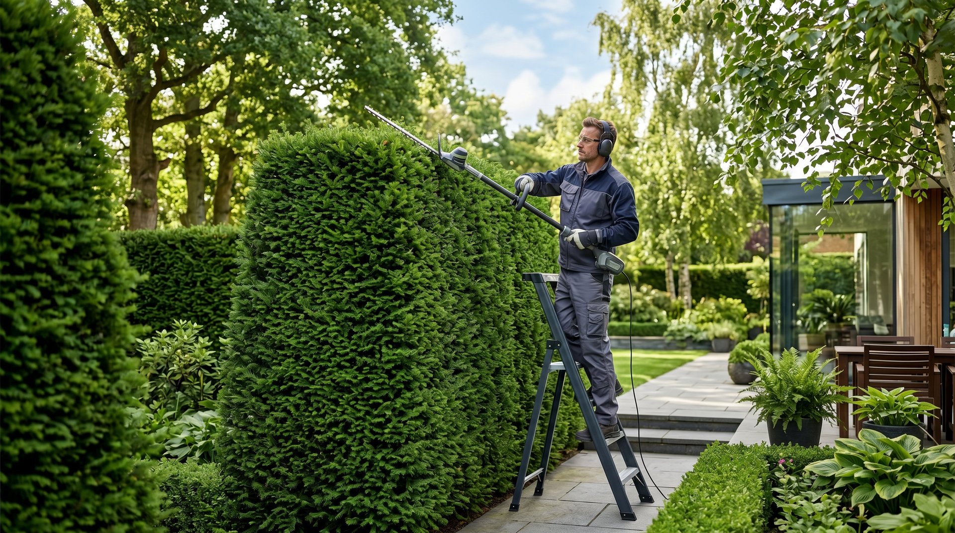 Man on ladder trimming tall green hedge with hedge trimmer in residential garden